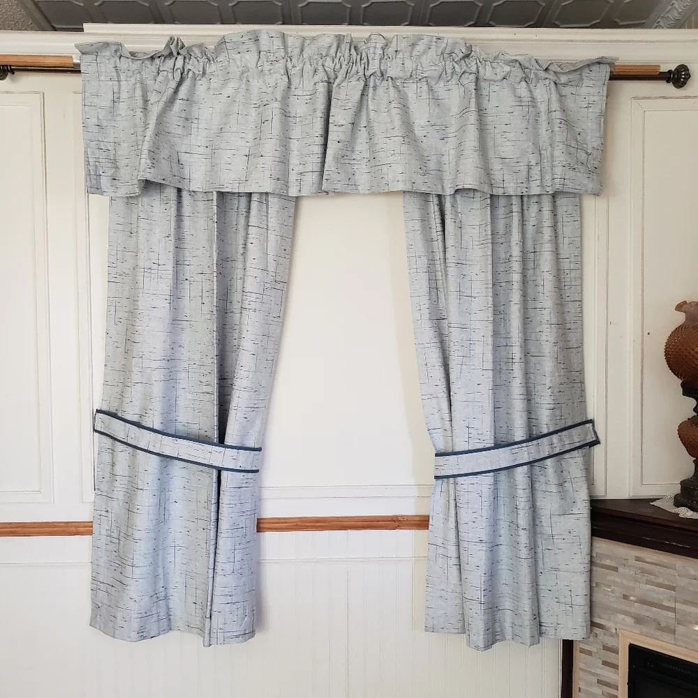 Sears Drapes 48W x 62L Tweed Print Pinch Pleat Curtains Blue VTG 50s 60s NEW
